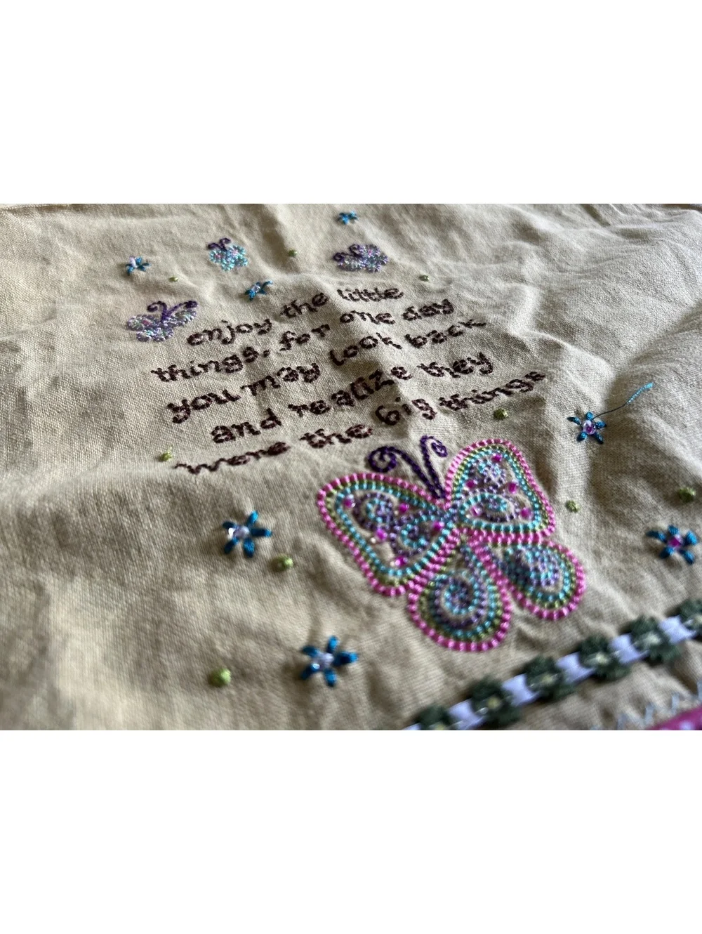 Embroidered Linen Wall Hanging with Inspirational Quote and Butterfly Design